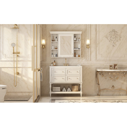 36'' Bathroom Vanity With Medicine Cabinet, Modern Mirror Cabinet With Adjustable Shelf, Bathroom Storage Cabinet With 4 Drawers, Solid Wood Frame Bathroom Storage Cabinet