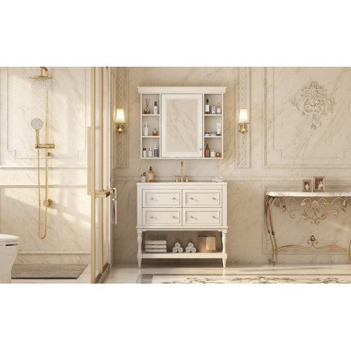 Lavabo de baño de 36'' con armario de medicamentos, armario de espejo moderno con estante ajustable, armario de almacenamiento de baño con 4 cajones, armario de almacenamiento de baño con marco de madera maciza