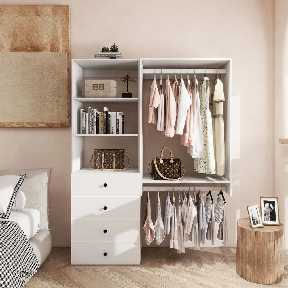 White Modular Closet System With Integrated Drawers