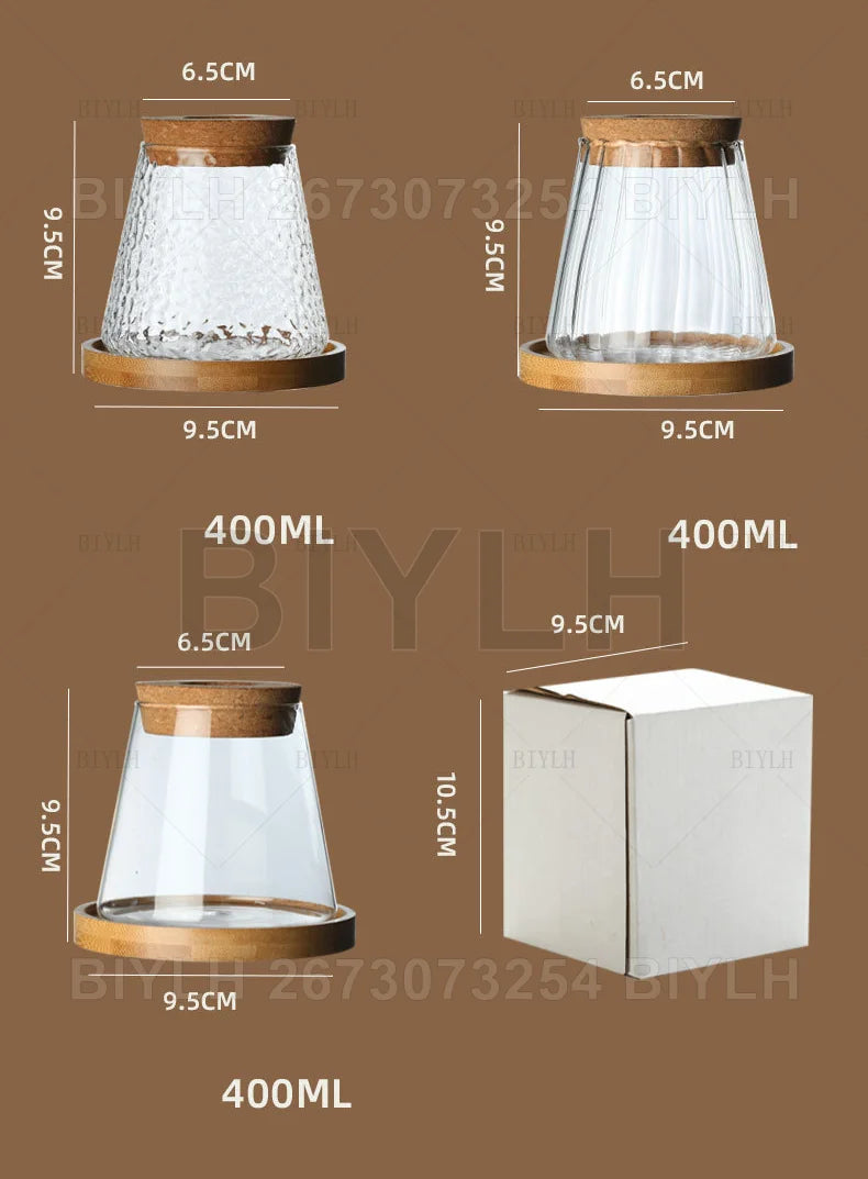 Clear glass coffee dripper with textured surface cork lid and wooden base for hydroponic plants home decoration