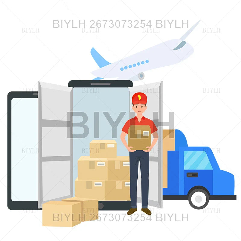A delivery driver in red holds a cardboard box beside a smartphone showing shipping and a blue van for hydroponic glass pots