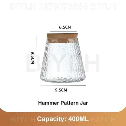 Clear glass hydroponic plant pot with textured hammer pattern and natural wood lid 400ml capacity for home decor