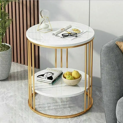 2-Tier Round White Marble Side Table