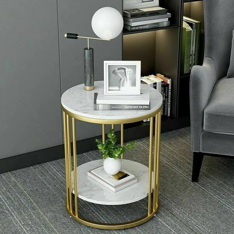 2-Tier Round White Marble Side Table