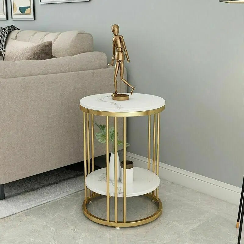 2-Tier Round White Marble Side Table