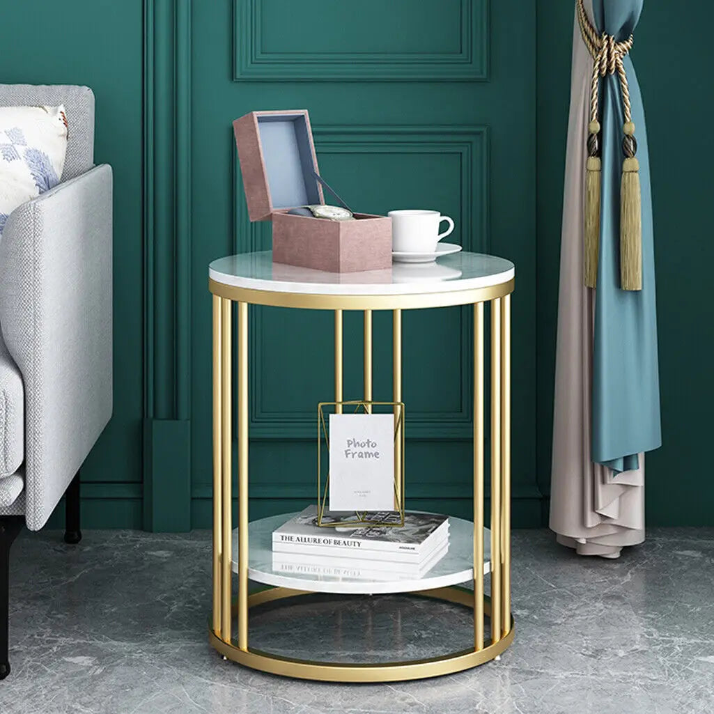 2-Tier Round White Marble Side Table