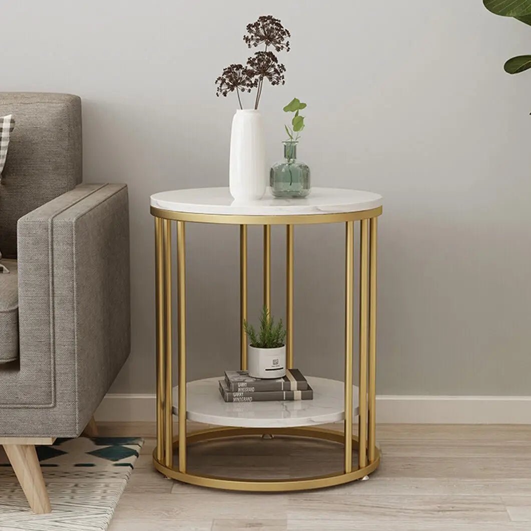 2-Tier Round White Marble Side Table