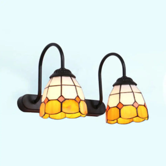2-Head Baroque Blue/Yellow Glass Wall Mount Vanity Lighting Fixture with Grid Pattern