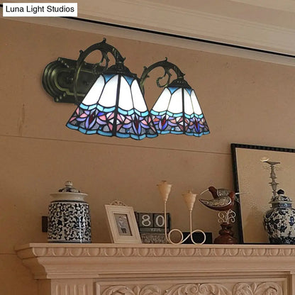 Aplique de pared de dos luces con forma de pirámide y vitral estilo Tiffany - Negro/Latón/Bronce