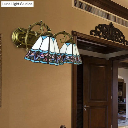 Aplique de pared de dos luces con forma de pirámide y vitral estilo Tiffany - Negro/Latón/Bronce