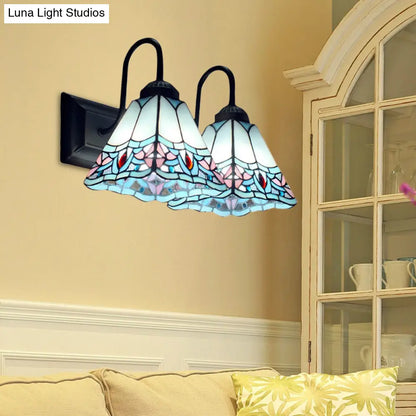 Aplique de pared de dos luces con forma de pirámide y vitral estilo Tiffany - Negro/Latón/Bronce