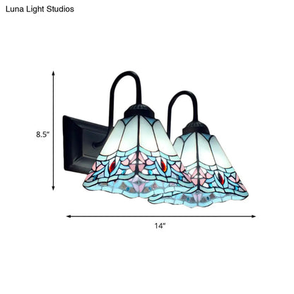 Aplique de pared de dos luces con forma de pirámide y vitral estilo Tiffany - Negro/Latón/Bronce