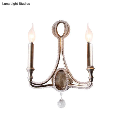 DecorBites™ 2-Head Retro Loft Fabric Wall Light - Conical Sconce with Crystal Beaded Strand - Aged Silver