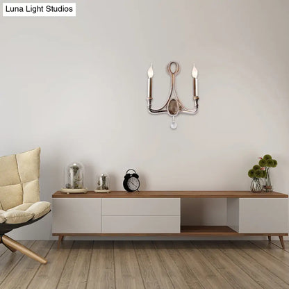 DecorBites™ 2-Head Retro Loft Fabric Wall Light - Conical Sconce with Crystal Beaded Strand - Aged Silver