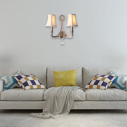 DecorBites™ 2-Head Retro Loft Fabric Wall Light - Conical Sconce with Crystal Beaded Strand - Aged Silver