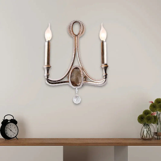 2-Head Retro Loft Fabric Wall Light - Conical Sconce with Crystal Beaded Strand - Aged Silver