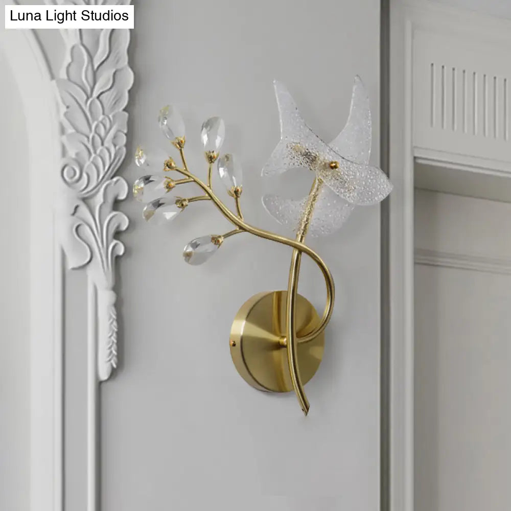 DecorBites™ 2-Headed Gold Wall Mounted Sconce: Simple Branch Design with Faceted Crystal Lamp Shades (Left/Right)