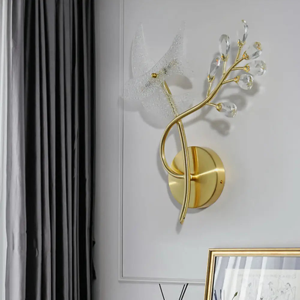 DecorBites™ 2-Headed Gold Wall Mounted Sconce: Simple Branch Design with Faceted Crystal Lamp Shades (Left/Right)