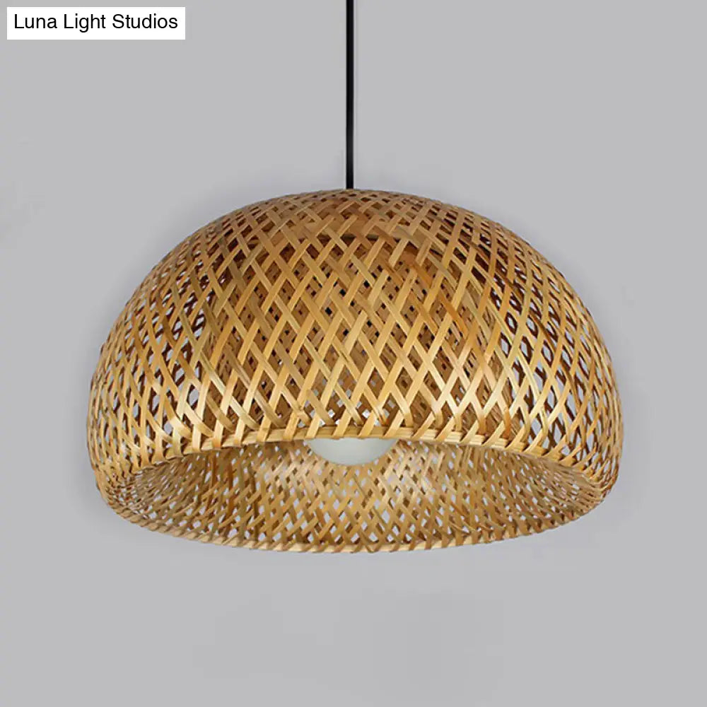 2-Layered Bamboo Dome Ceiling Pendant Light - Single-Bulb Tea Room Hang Lamp in Wood