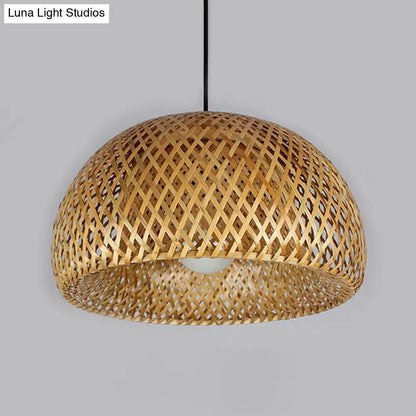 2-Layered Bamboo Dome Ceiling Pendant Light - Single-Bulb Tea Room Hang Lamp in Wood