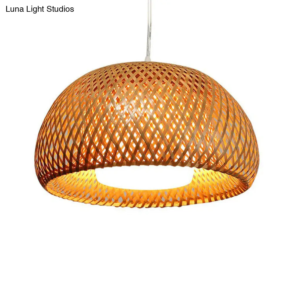 2-Layered Bamboo Dome Ceiling Pendant Light - Single-Bulb Tea Room Hang Lamp in Wood