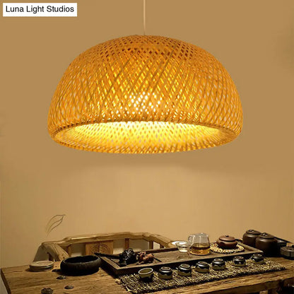 2-Layered Bamboo Dome Ceiling Pendant Light - Single-Bulb Tea Room Hang Lamp in Wood