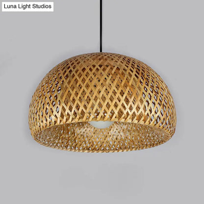 2-Layered Bamboo Dome Ceiling Pendant Light - Single-Bulb Tea Room Hang Lamp in Wood