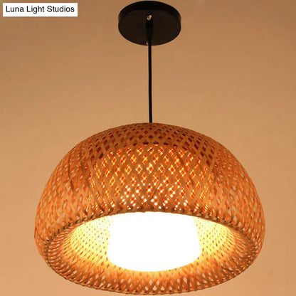 2-Layered Bamboo Dome Ceiling Pendant Light - Single-Bulb Tea Room Hang Lamp in Wood