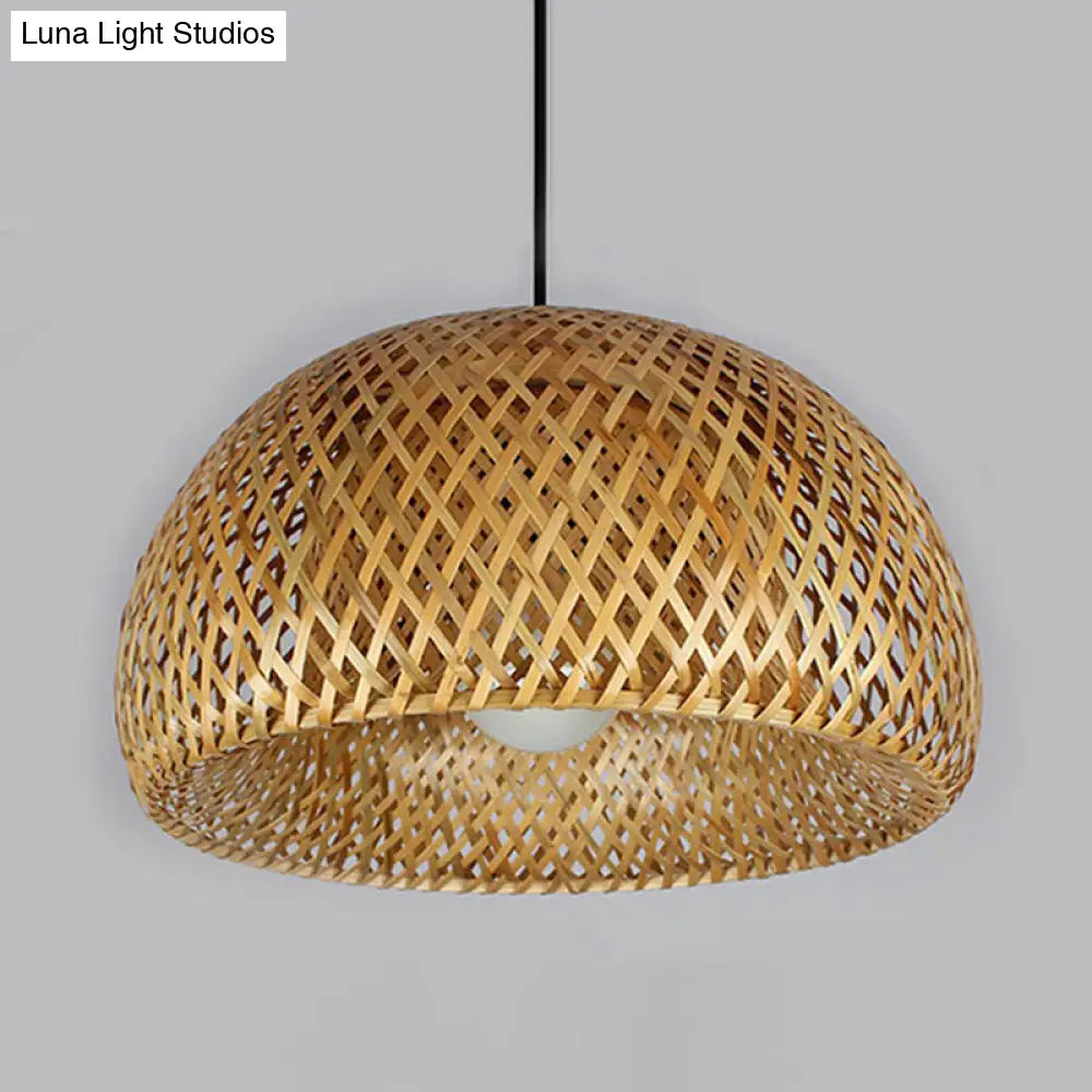 2-Layered Bamboo Dome Ceiling Pendant Light - Single-Bulb Tea Room Hang Lamp in Wood