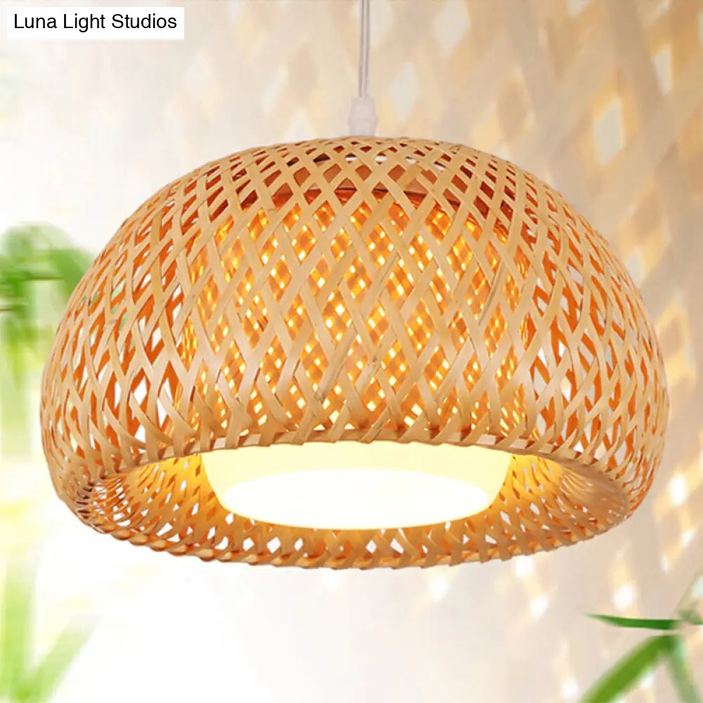 2-Layered Bamboo Dome Ceiling Pendant Light - Single-Bulb Tea Room Hang Lamp in Wood