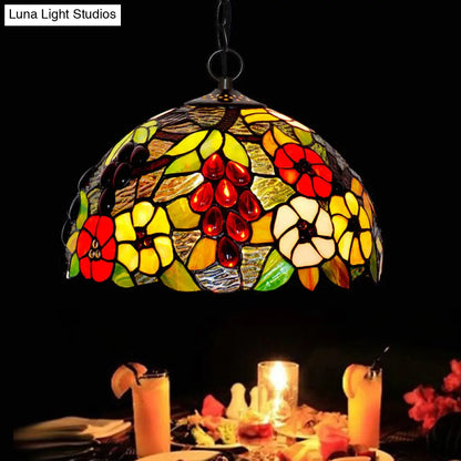 Lámpara de techo abovedada de 2 luces con colgante Tiffany de vidrieras en rojo, verde y morado
