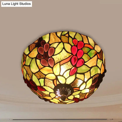 2-Light Stained Glass Grape Ceiling Flushmount for Bedroom Lighting in Lodge Style