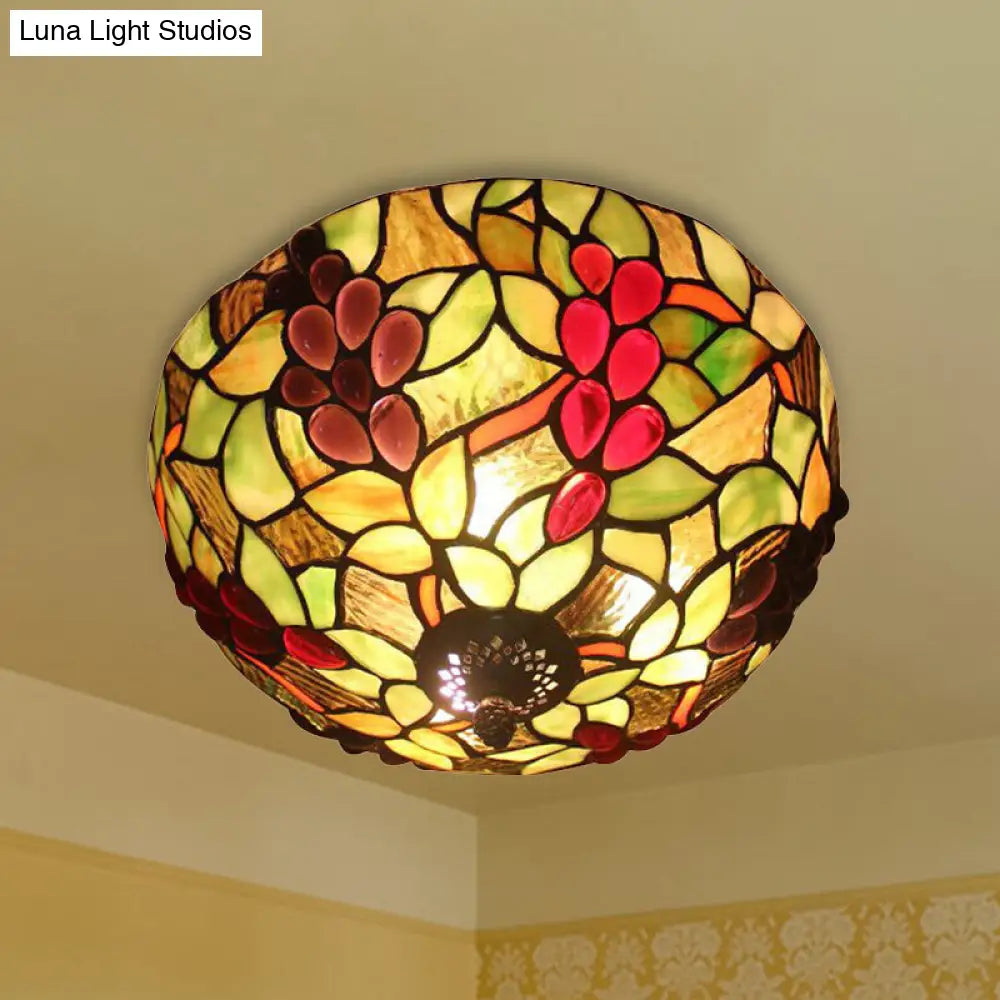 2-Light Stained Glass Grape Ceiling Flushmount for Bedroom Lighting in Lodge Style