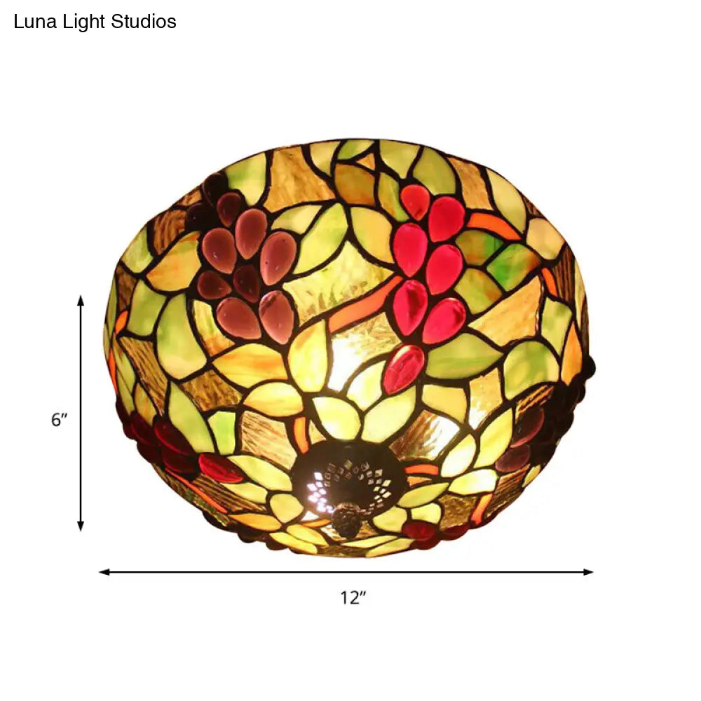 2-Light Stained Glass Grape Ceiling Flushmount for Bedroom Lighting in Lodge Style