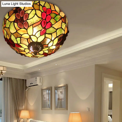 2-Light Stained Glass Grape Ceiling Flushmount for Bedroom Lighting in Lodge Style