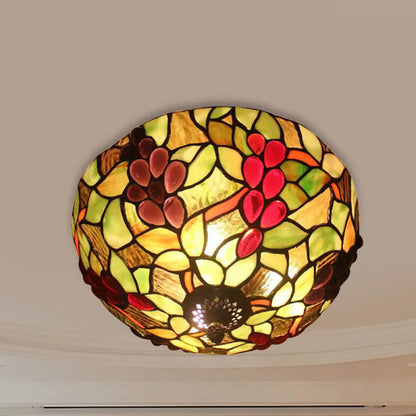 2-Light Stained Glass Grape Ceiling Flushmount for Bedroom Lighting in Lodge Style