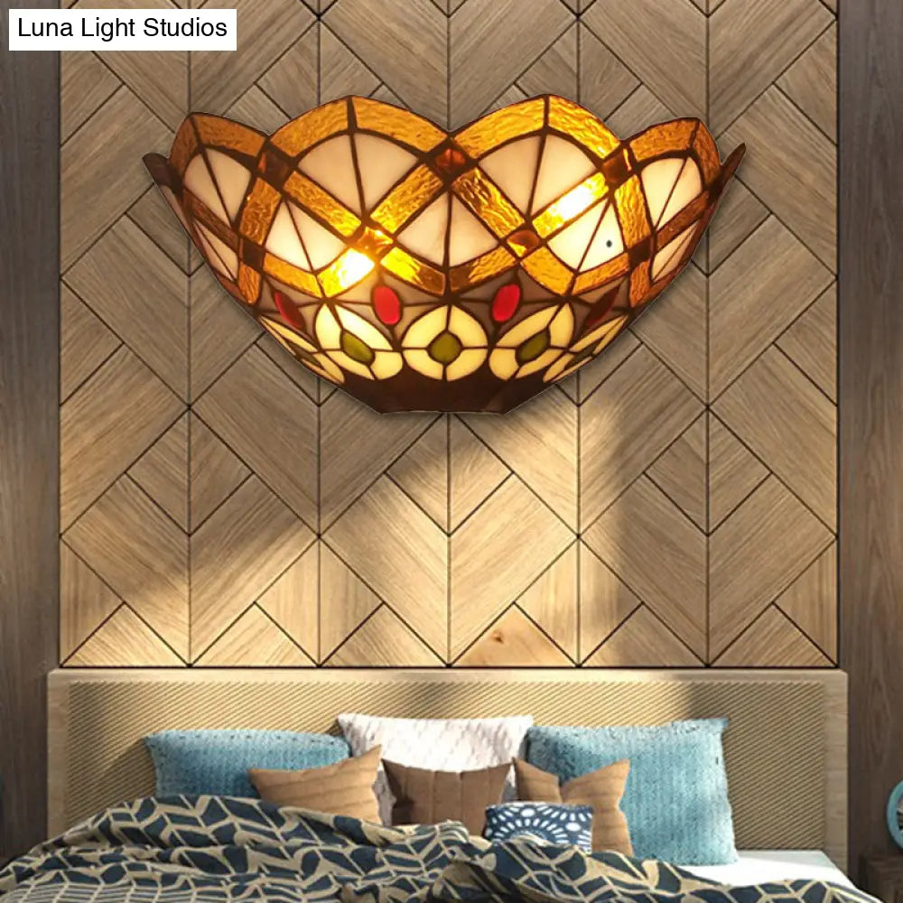 Aplique de pared victoriano de 2 luces con diseño de cuenco de vidrieras de pavo real