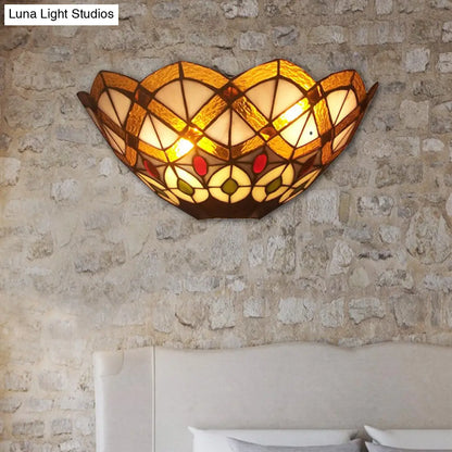 Aplique de pared victoriano de 2 luces con diseño de cuenco de vidrieras de pavo real