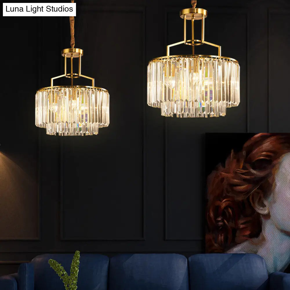 Lámpara de araña colgante de dos niveles con prisma de cristal transparente y diseño moderno dorado - 3/5/8 luces