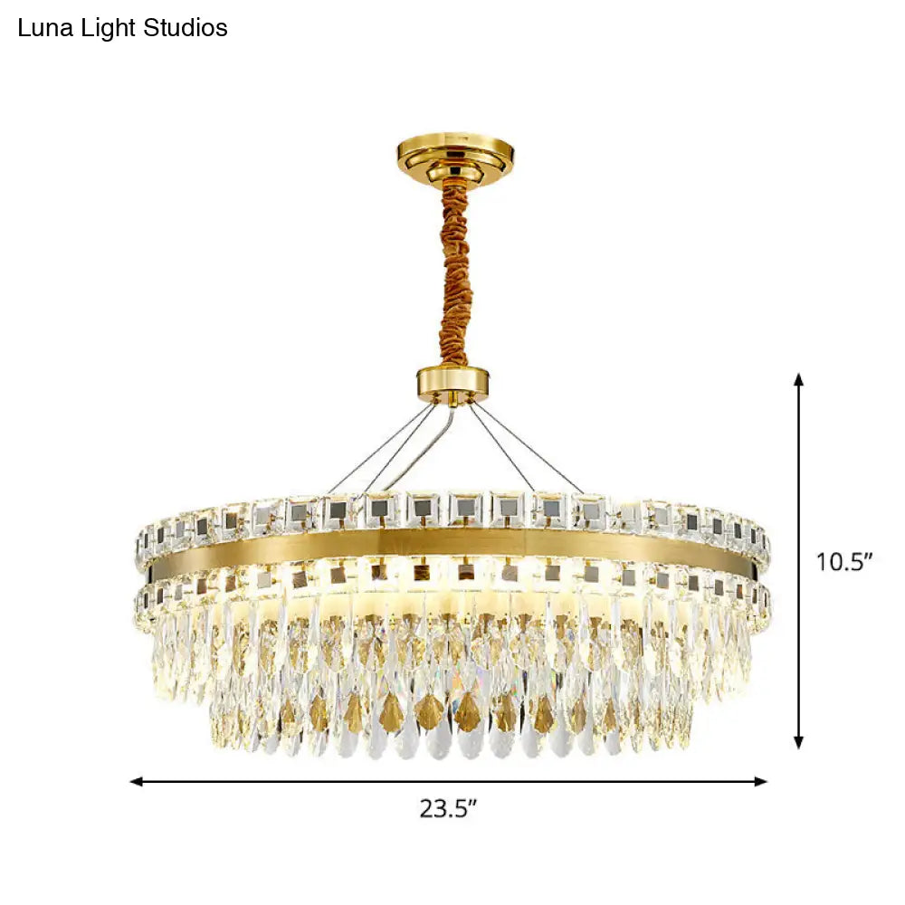 Lámpara de araña LED de cristal de 2 niveles, moderna lámpara colgante para sala de estar en color dorado, 18"/23.5" de ancho