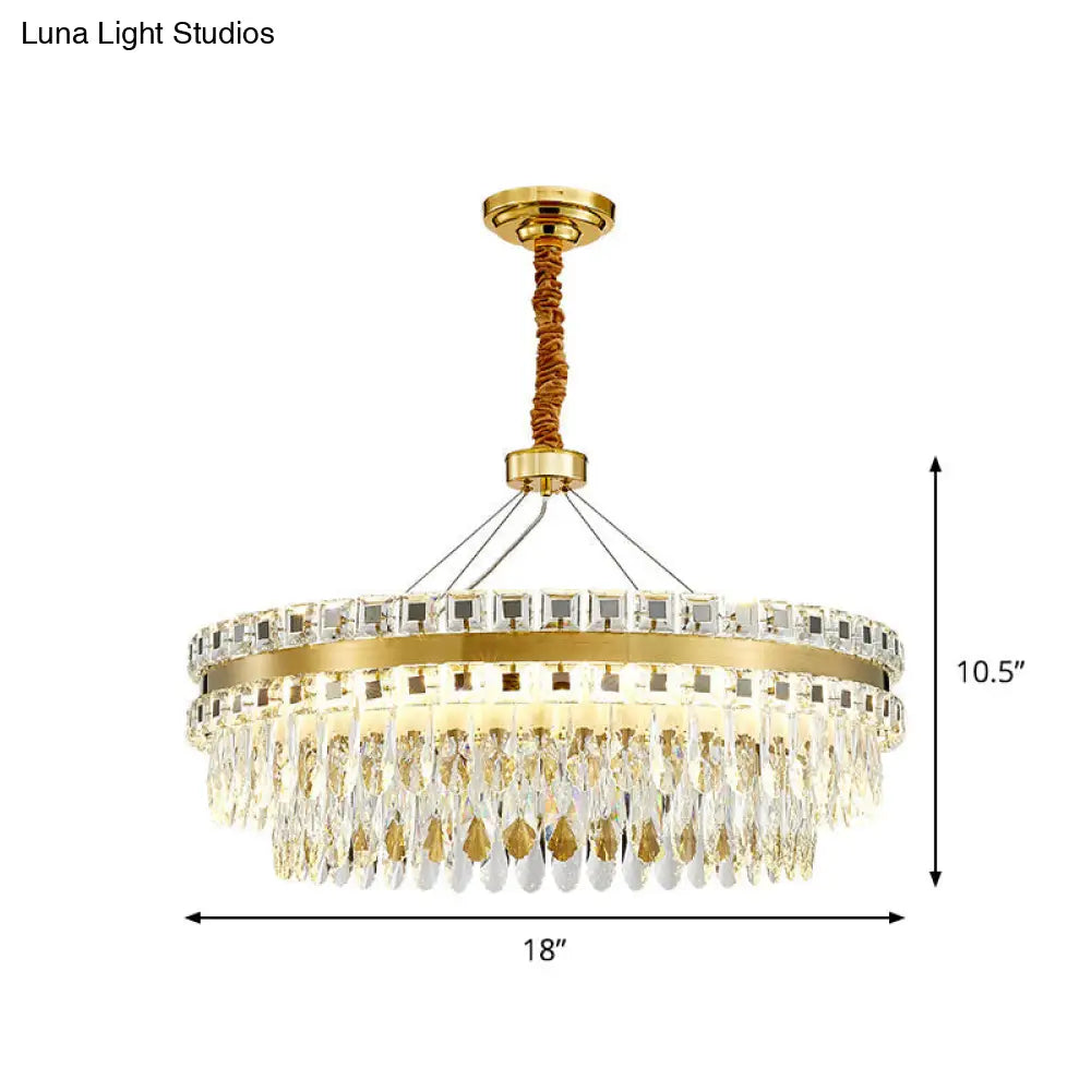 Lámpara de araña LED de cristal de 2 niveles, moderna lámpara colgante para sala de estar en color dorado, 18"/23.5" de ancho