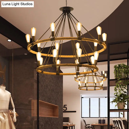 Lámpara de araña industrial de 2 niveles con 18 luces colgantes, lámpara colgante de cuerda color beige para restaurantes