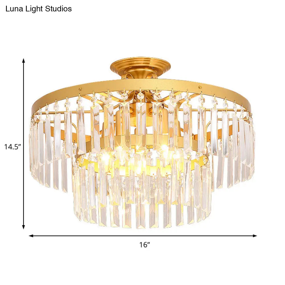 ديكوربايتس™ مصباح سقف كريستالي شبه مدمج من طبقتين مع 5 مصابيح، تركيب عصري باللونين الأسود والذهبي لغرفة المعيشة