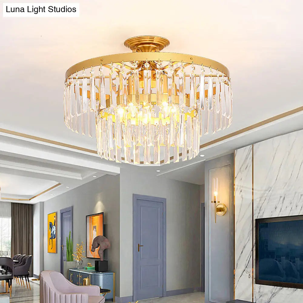 ديكوربايتس™ مصباح سقف كريستالي شبه مدمج من طبقتين مع 5 مصابيح، تركيب عصري باللونين الأسود والذهبي لغرفة المعيشة