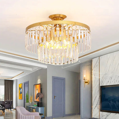 ديكوربايتس™ مصباح سقف كريستالي شبه مدمج من طبقتين مع 5 مصابيح، تركيب عصري باللونين الأسود والذهبي لغرفة المعيشة