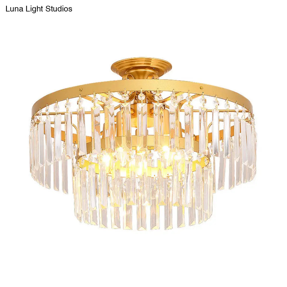 ديكوربايتس™ مصباح سقف كريستالي شبه مدمج من طبقتين مع 5 مصابيح، تركيب عصري باللونين الأسود والذهبي لغرفة المعيشة