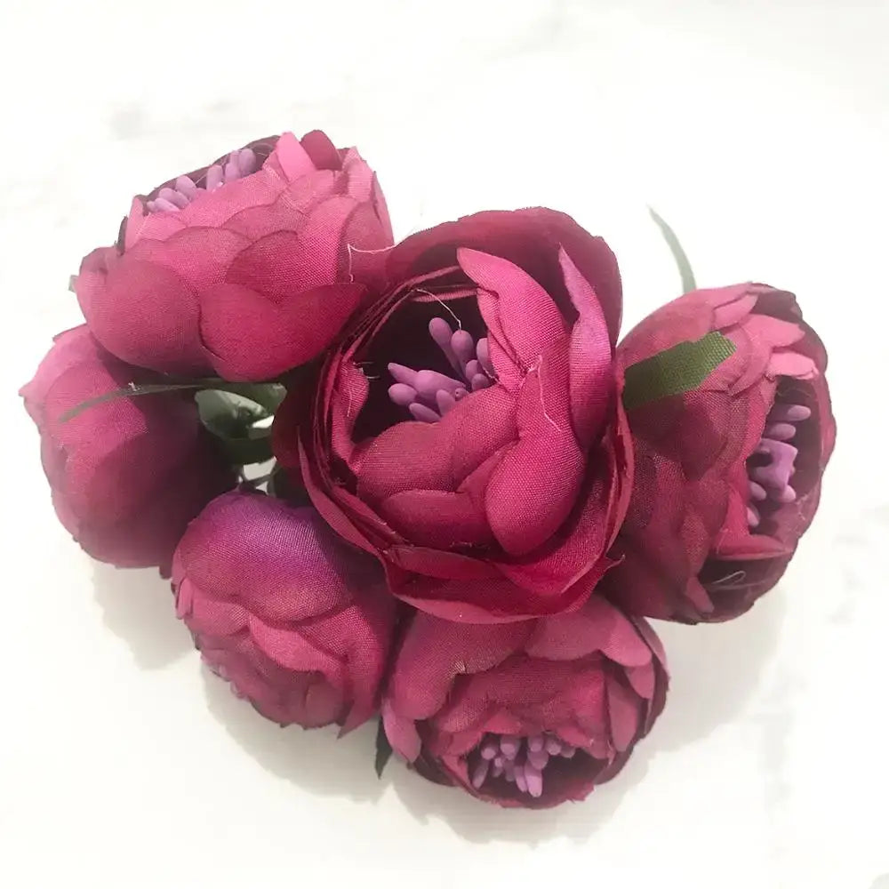 A cluster of 200pcs mixed rose red fabric peonies with purple stamens and green stems for bedroom diy decor