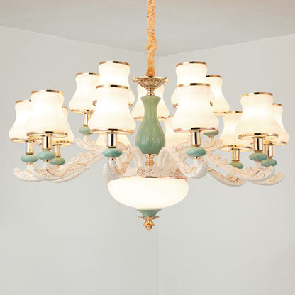 Modern Frosted Glass & White Ceramics Chandelier Light – Flared Suspension Lighting for Living Room