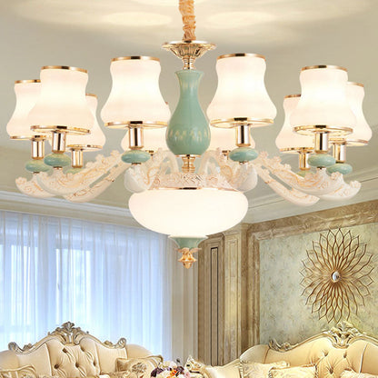 Modern Frosted Glass & White Ceramics Chandelier Light – Flared Suspension Lighting for Living Room