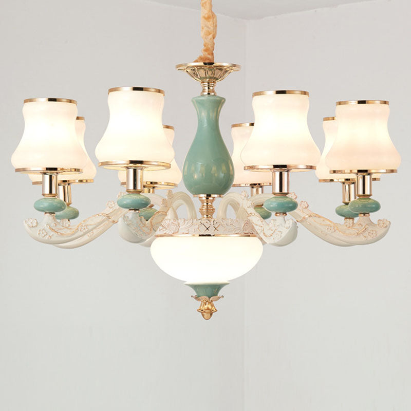 Modern Frosted Glass & White Ceramics Chandelier Light – Flared Suspension Lighting for Living Room